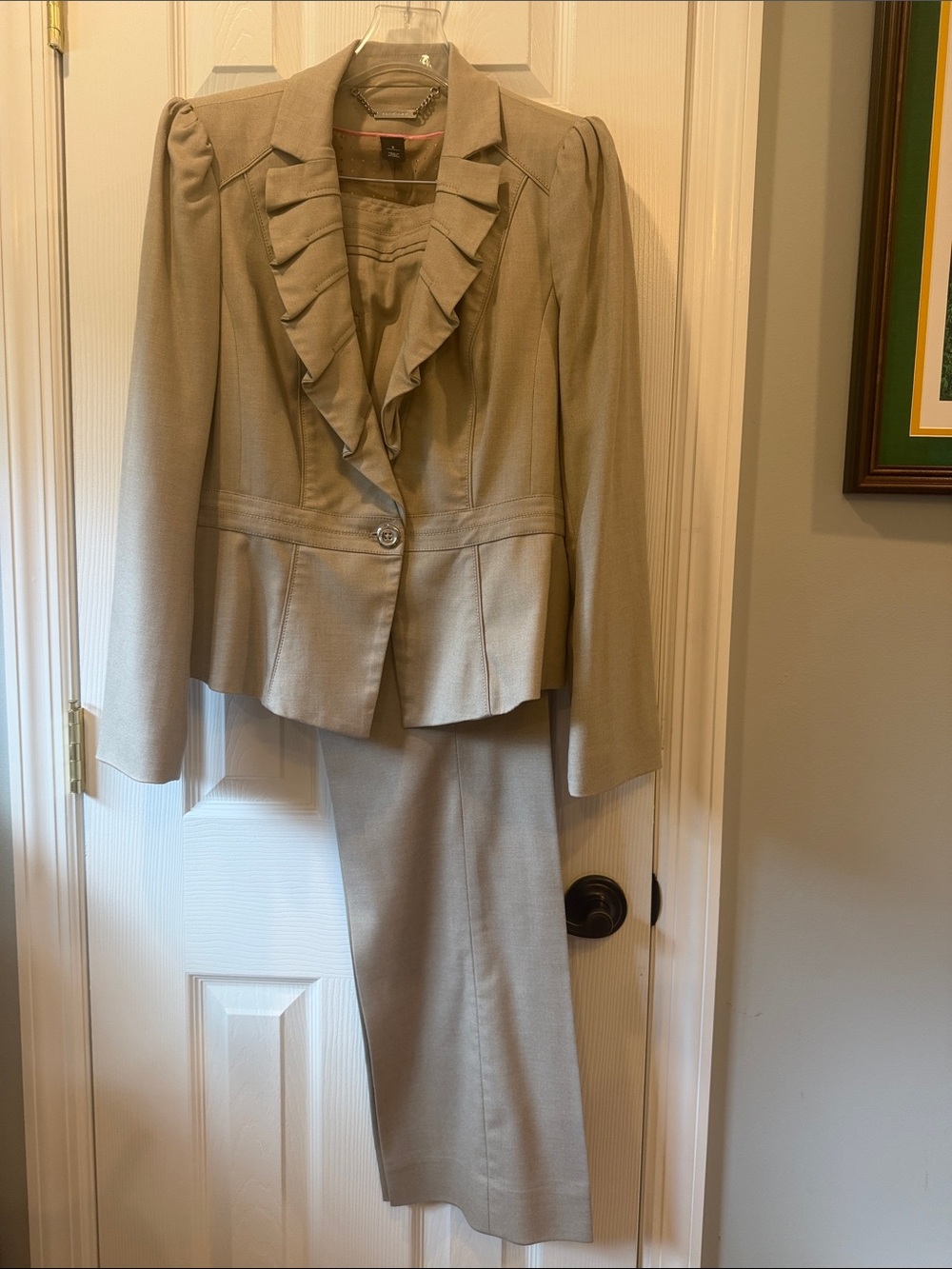 White House Black Market Beige Ruffled Lapel Pantsuit